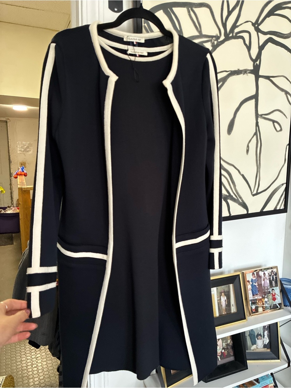 Claudius 1927 Navy Knit Longline Cardigan And Matching Dress With Cream Trim
